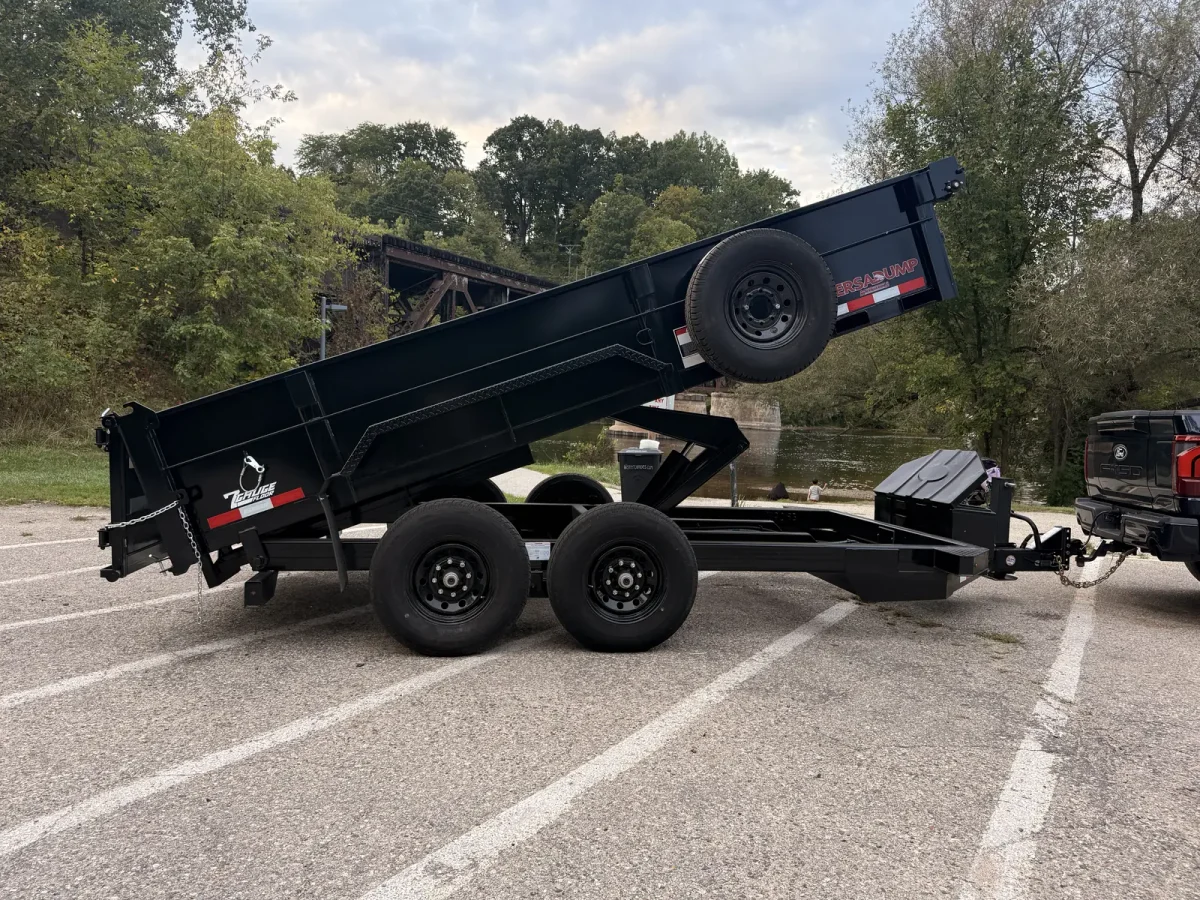 JH Trailer Rental’s Midsota HV14 dump trailer in Newaygo, with the hydraulic bed raised